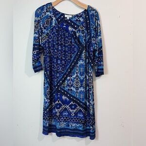 dressbarn Blue and Black Geometric Long Sleeve Dress